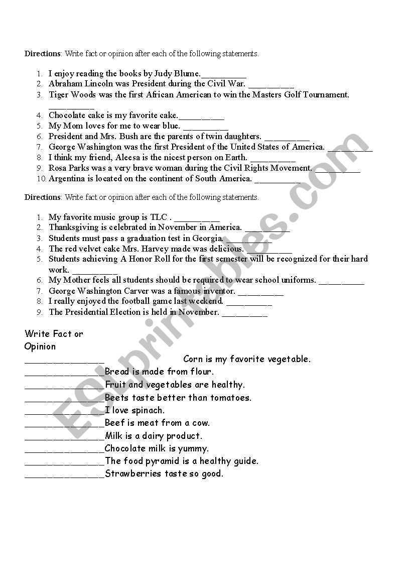 Fact and Opinion worksheet