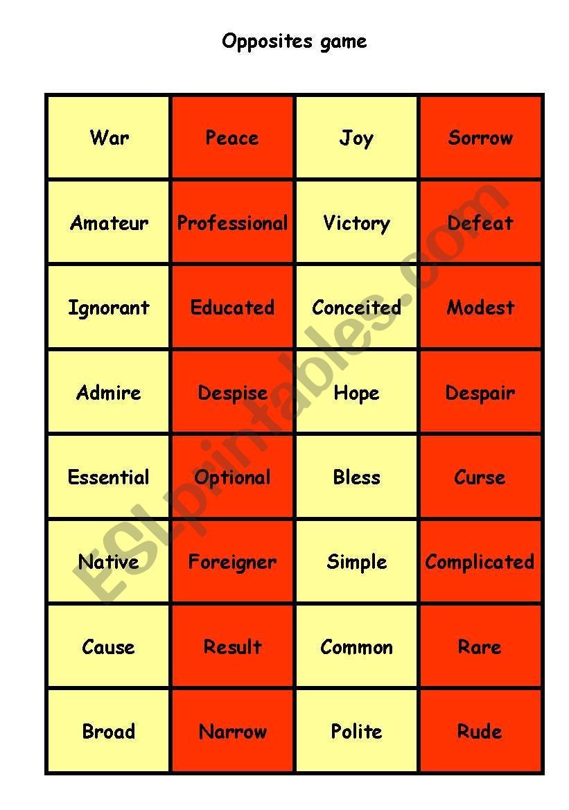 Opposites/antonyms game worksheet