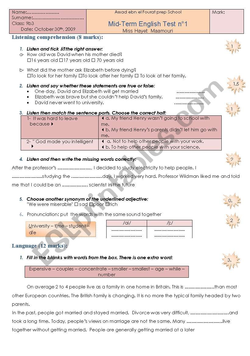 test  9th grade worksheet