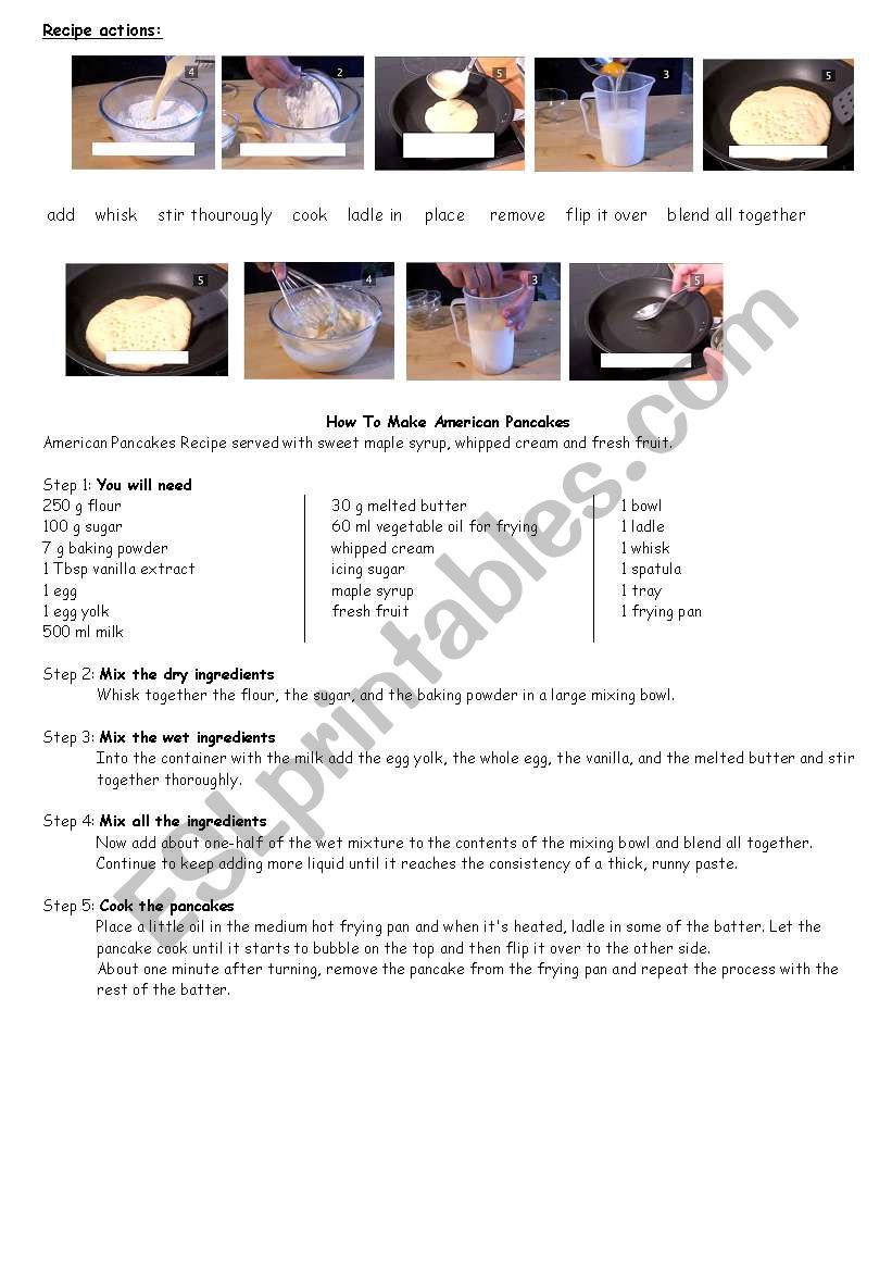 how to make American pancakes - matching exercise on recipe actions and recipe