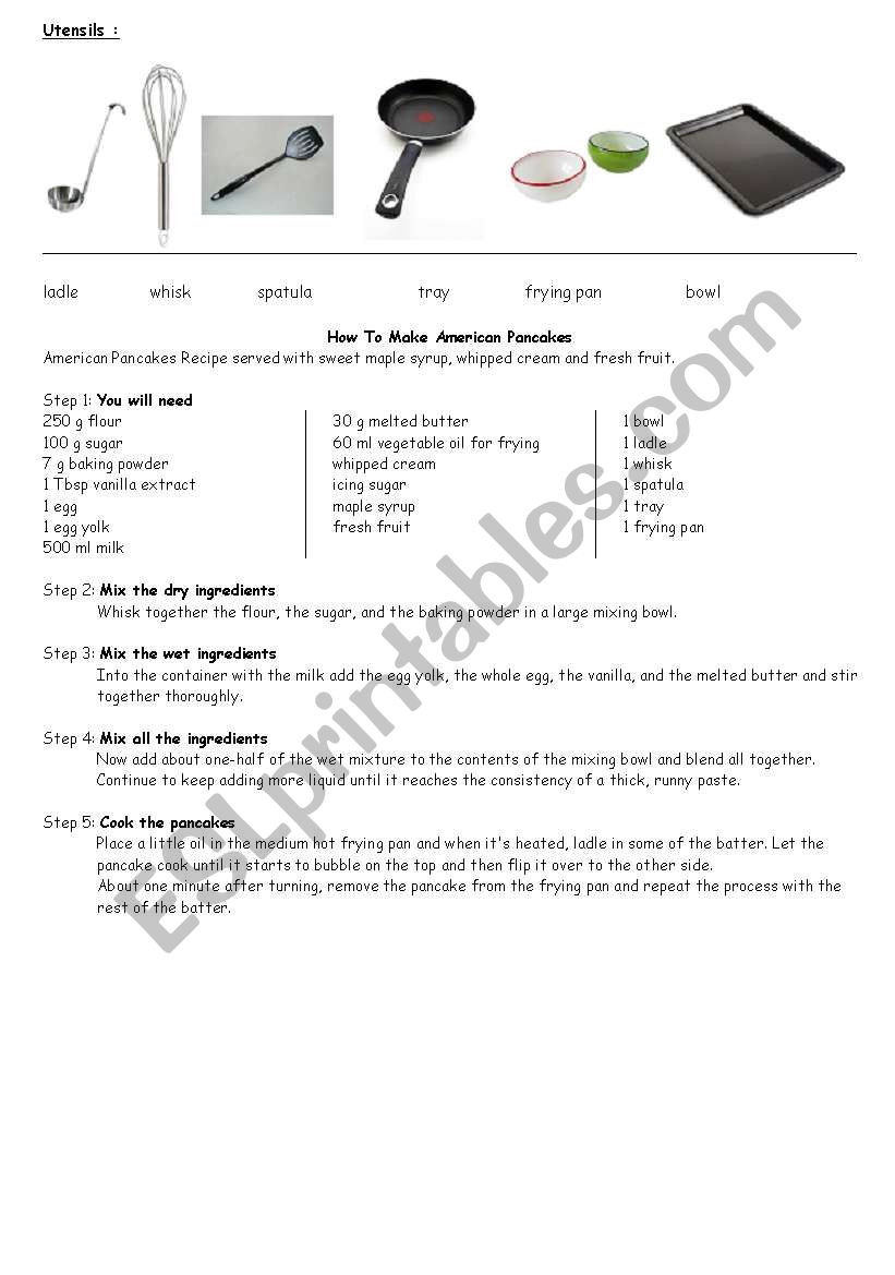 American pancakes recipe and matching exercise on utensils