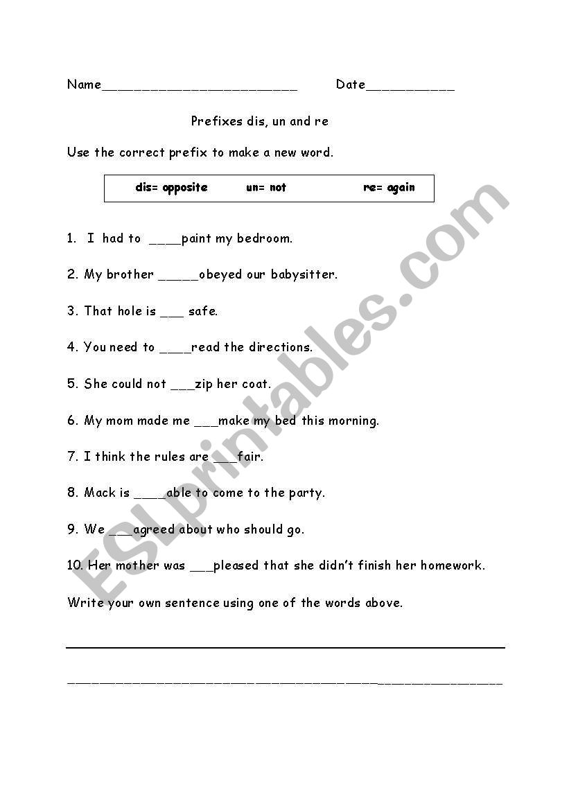 Prefixes: dis, un, re worksheet
