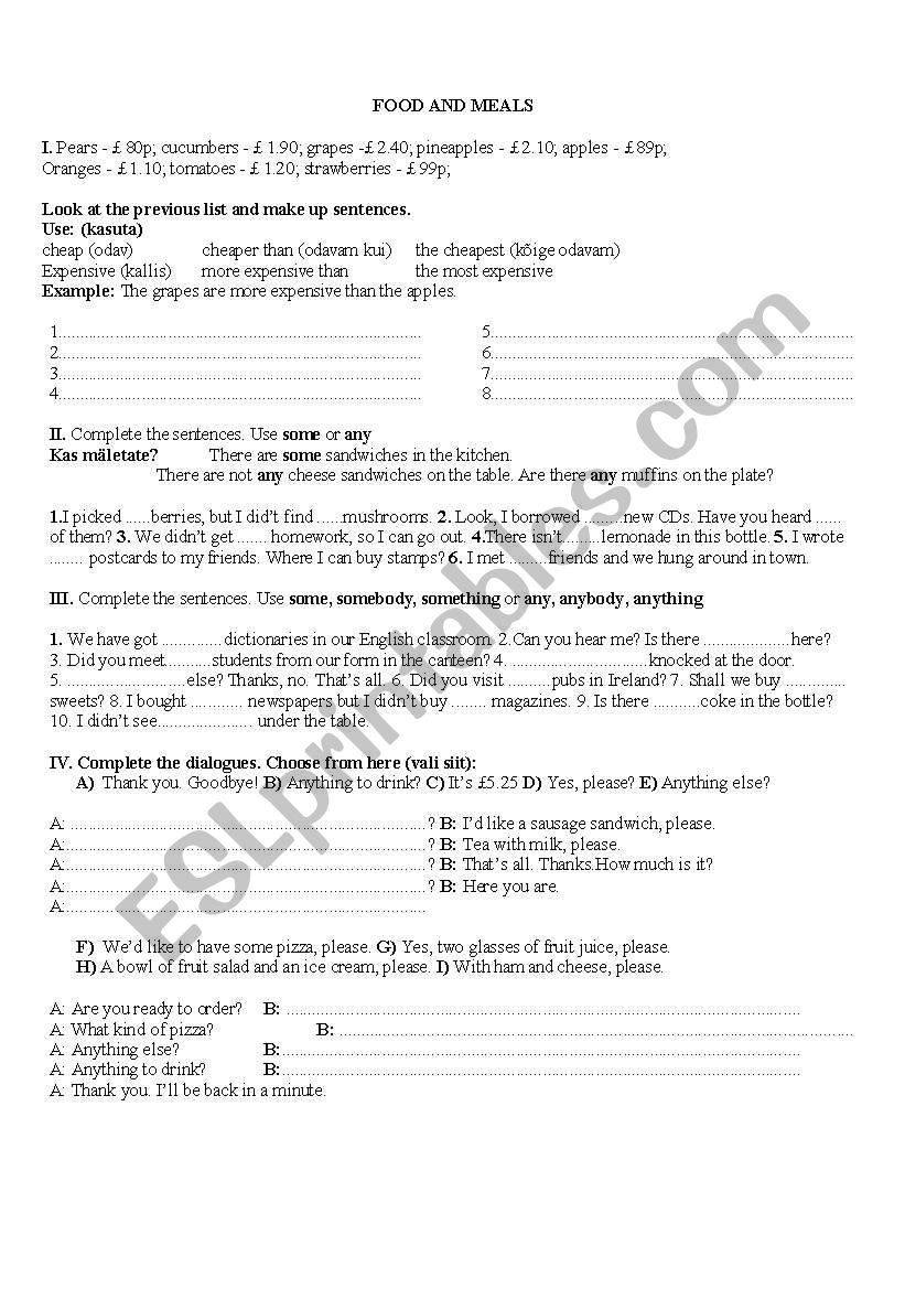 FOOD and MEALS worksheet