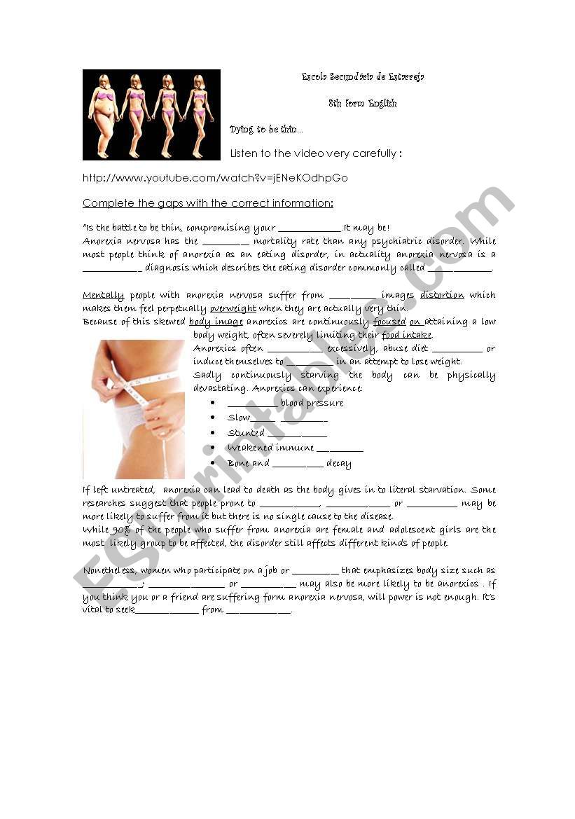 Dying to be thin: Anorexia worksheet