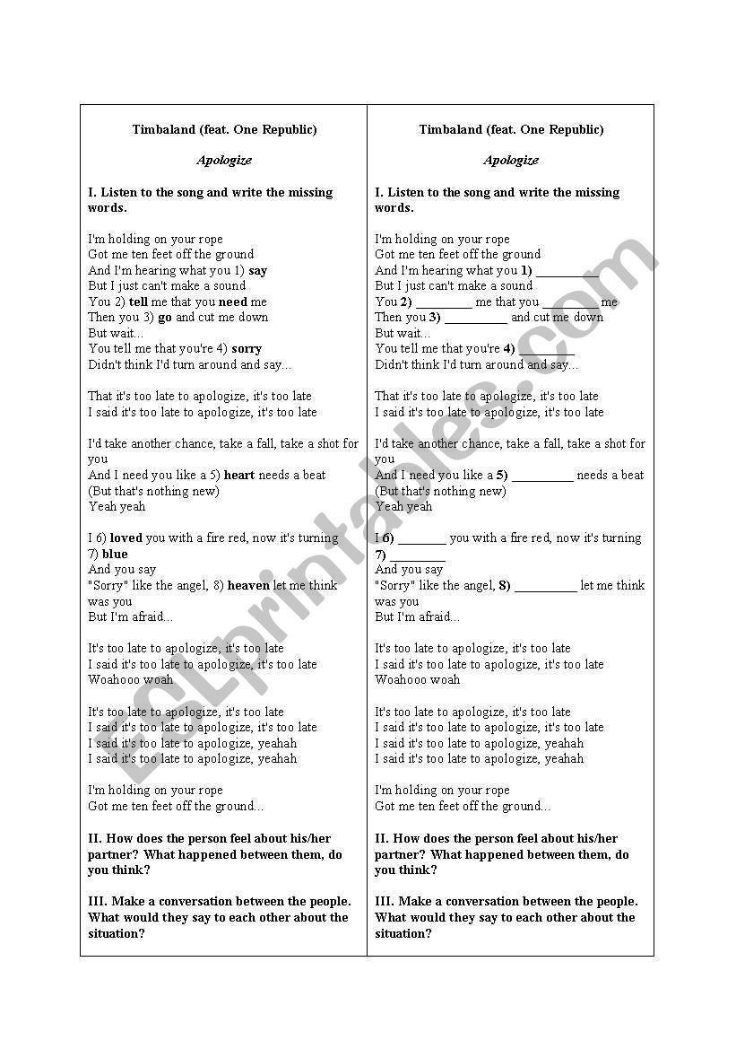 TIMBALAND - Apologize SONG LYRICS + EXERCISES