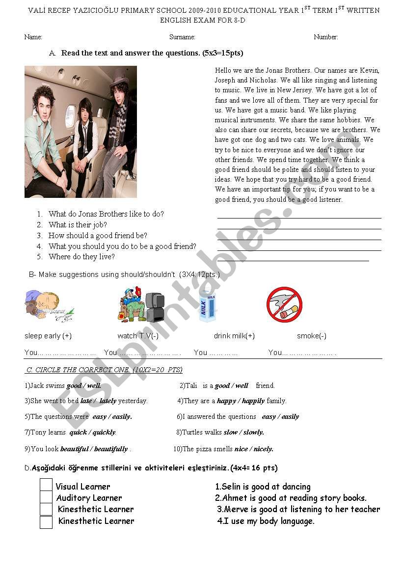 exam for 8.class worksheet