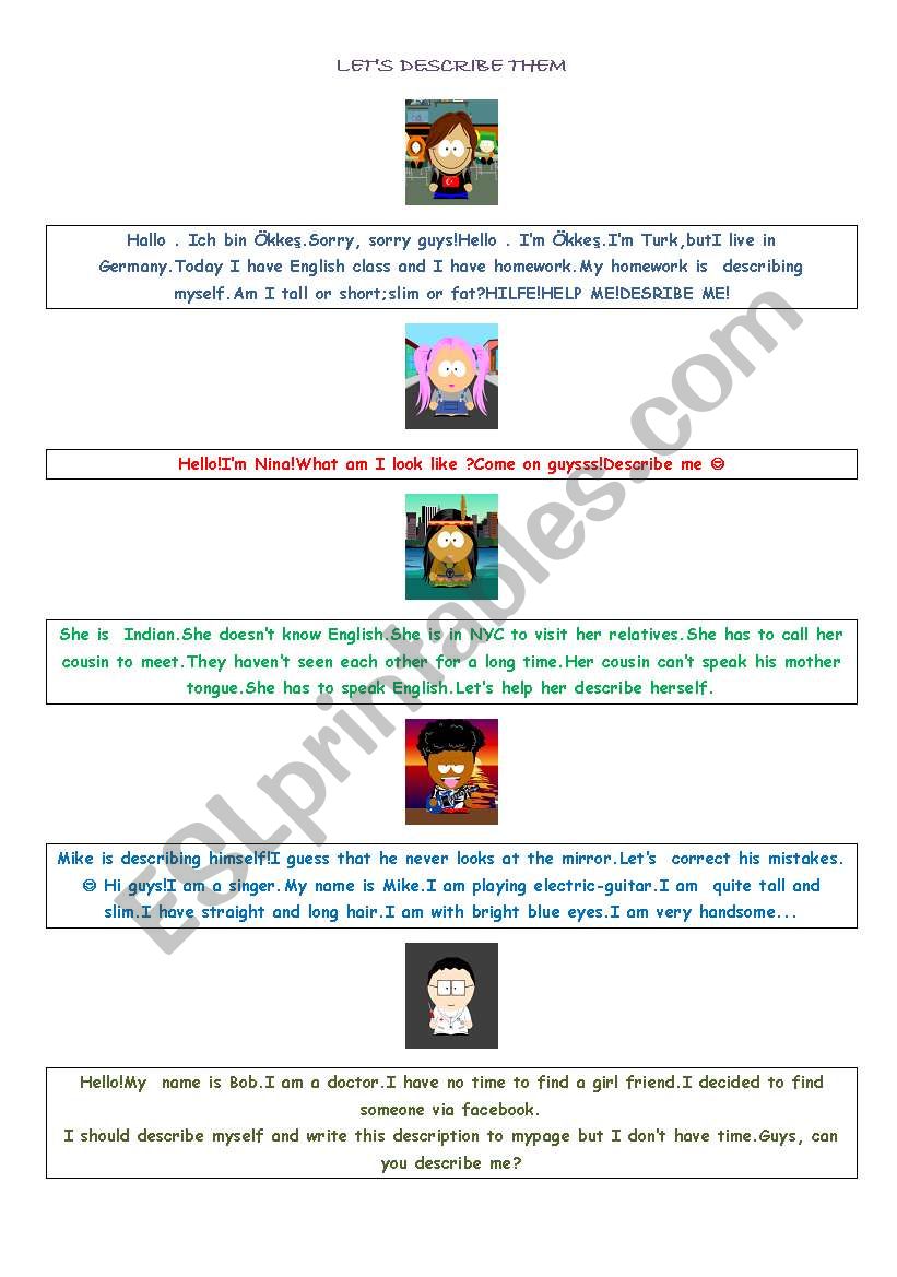 describe southpark characters worksheet