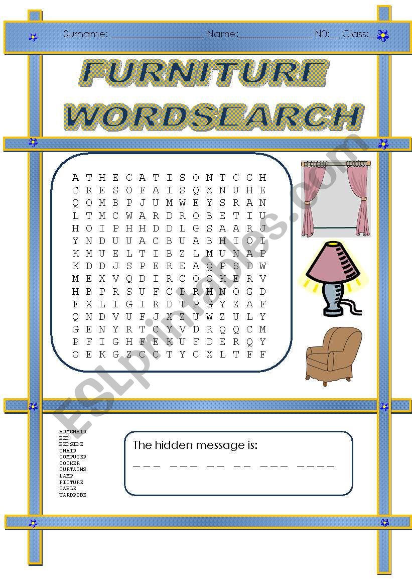 Furniture wordsearch worksheet