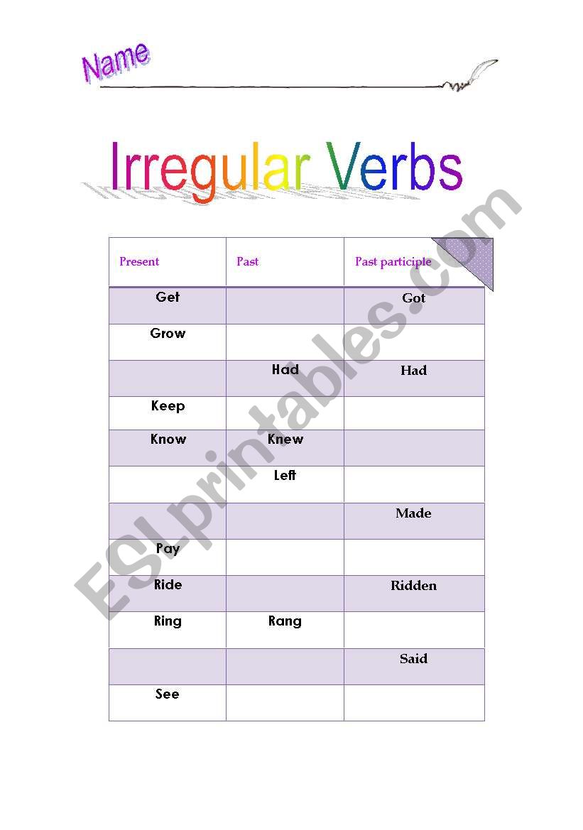 irregular verb worksheet