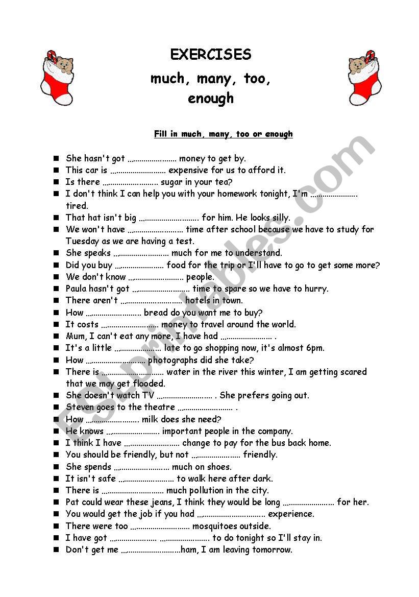 Too, enough, much, many worksheet