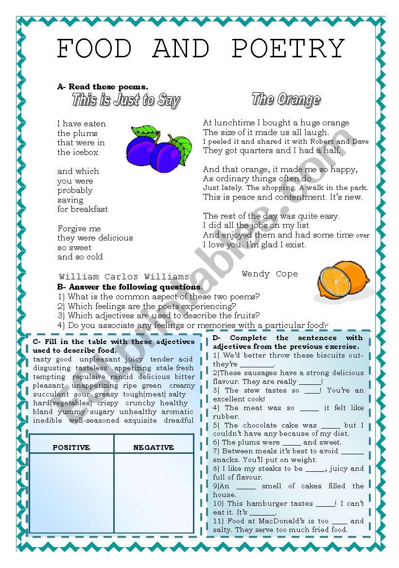 FOOD AND POETRY worksheet