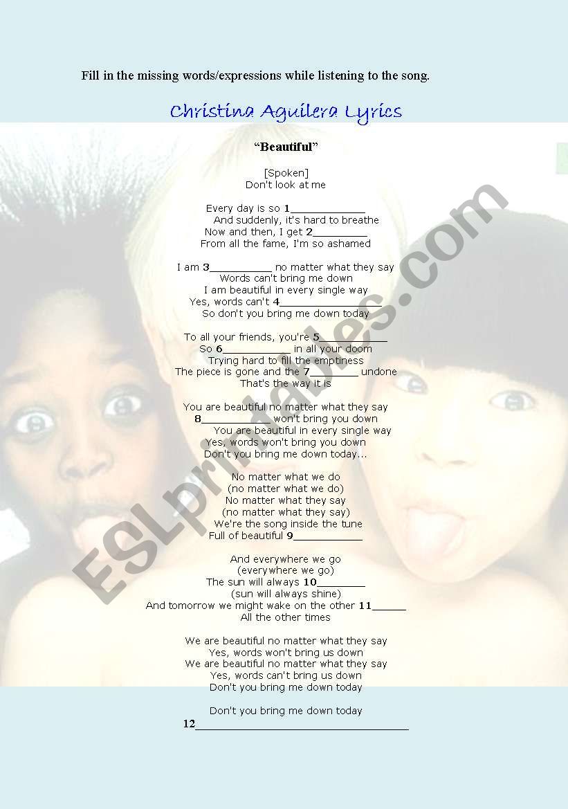 Beautiful, Christina Aguilera worksheet