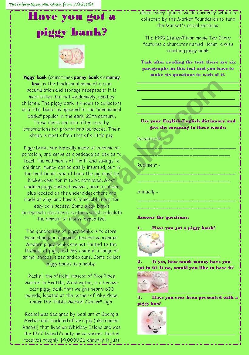 PIGGY BANK worksheet