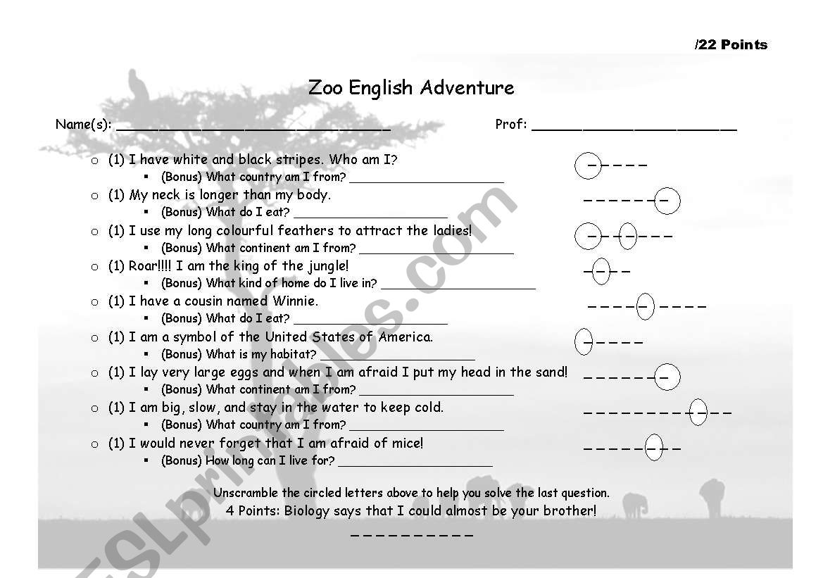 Zoo English Adventure worksheet