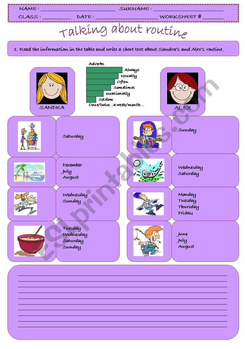 Talking about daily routine worksheet to help our students practise on using both frequency adverbs and expressions like once, twice, three times...