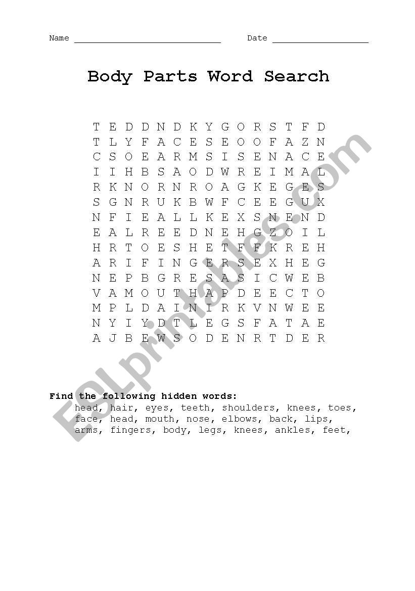 Body Parts Word Search worksheet