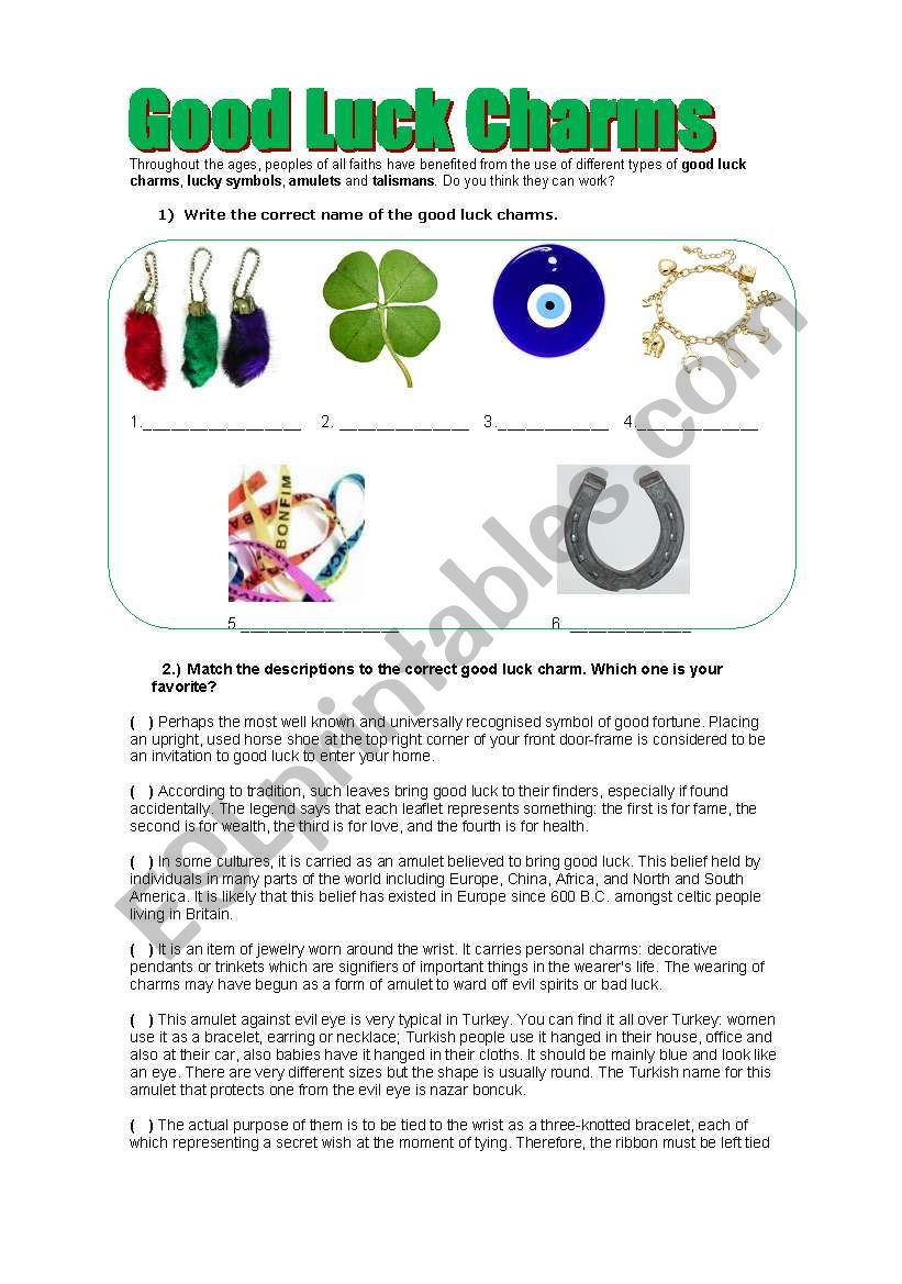 GOOD LUCK CHARMS worksheet