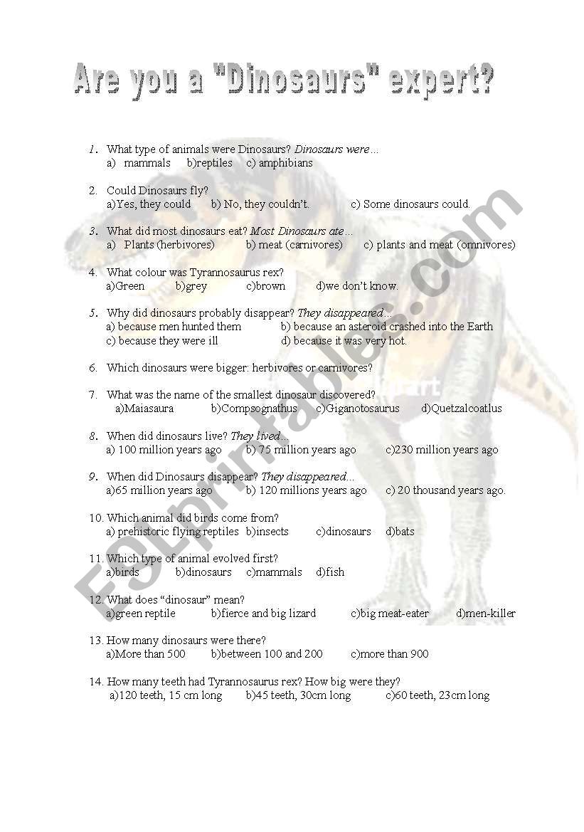 ARE YOU A DINOSAURS EXPERT? worksheet