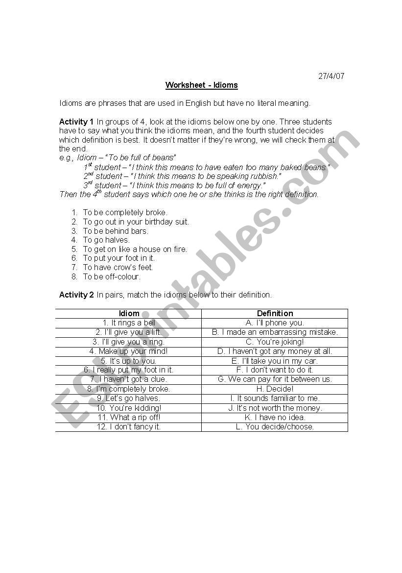 Idioms worksheet Idioms worksheet