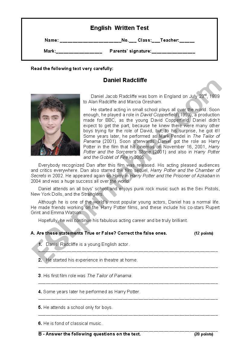 Daniel Radcliffe - 7th Form Test