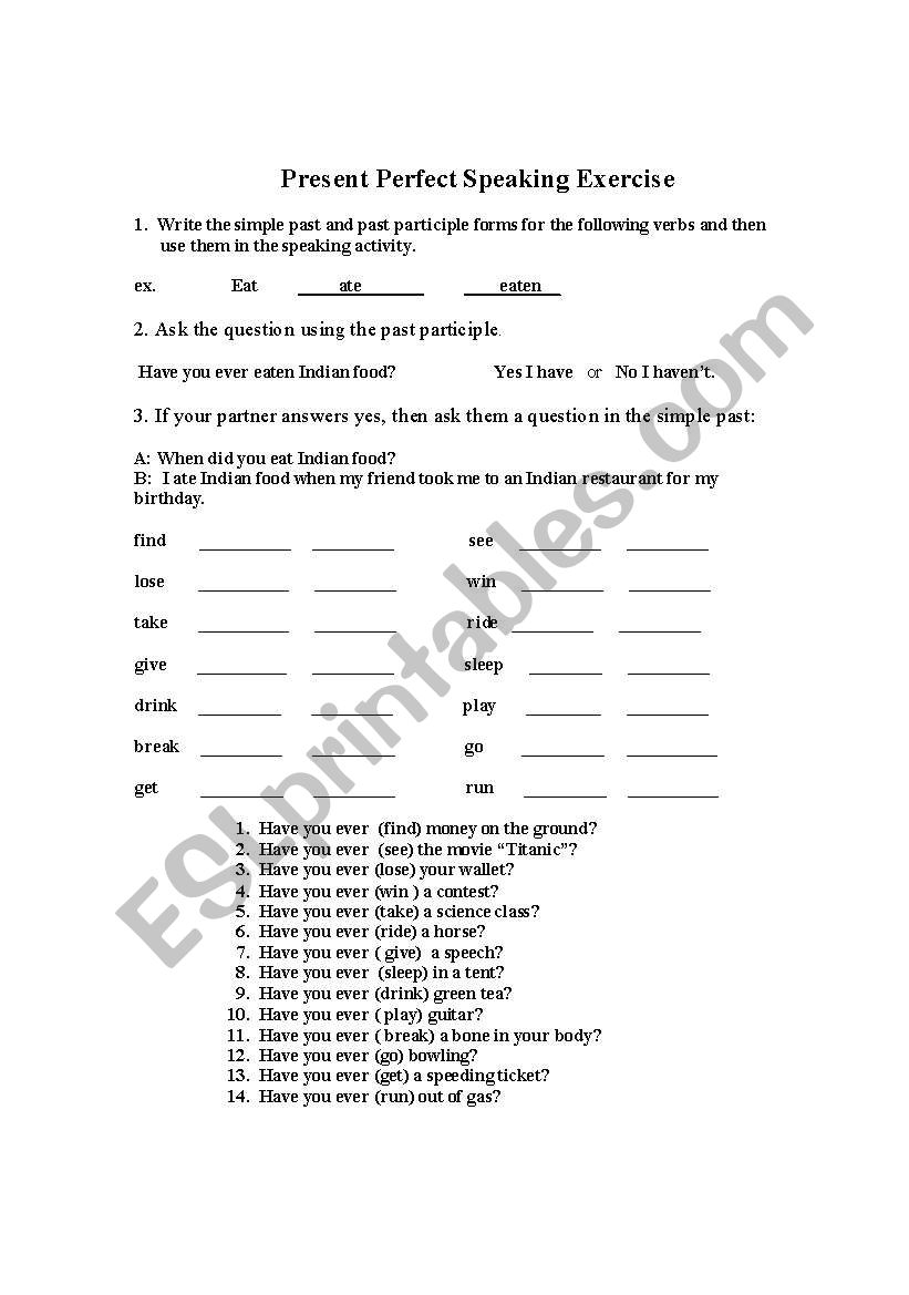 Present Perfect speaking exercise