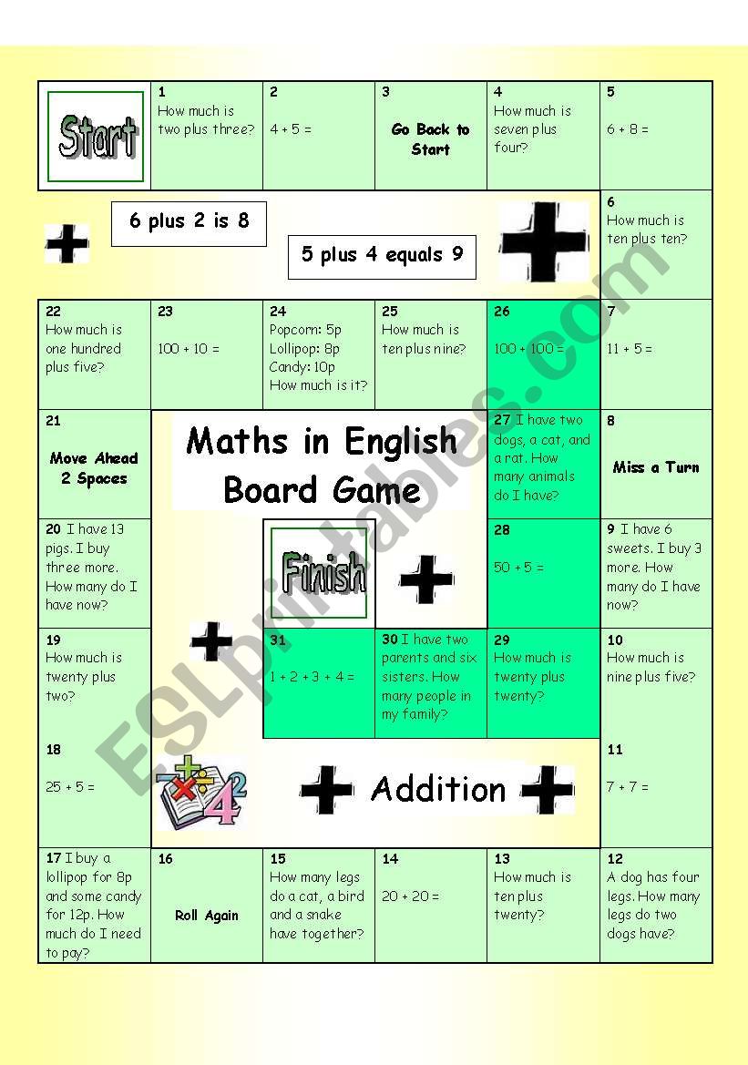 Board Game - Maths in English (Addition - Easy)