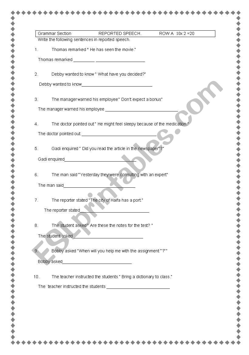 reported speech worksheet