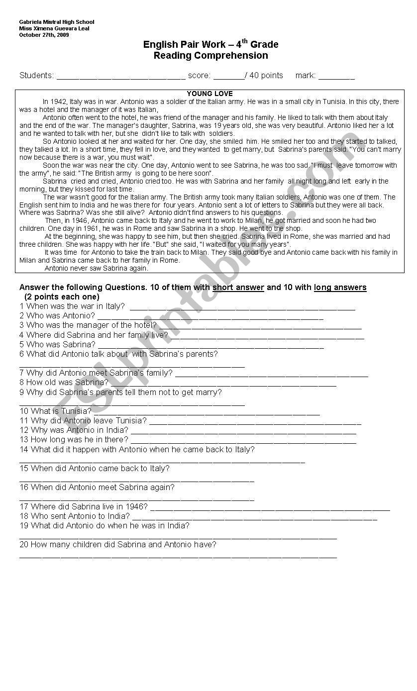 young love worksheet
