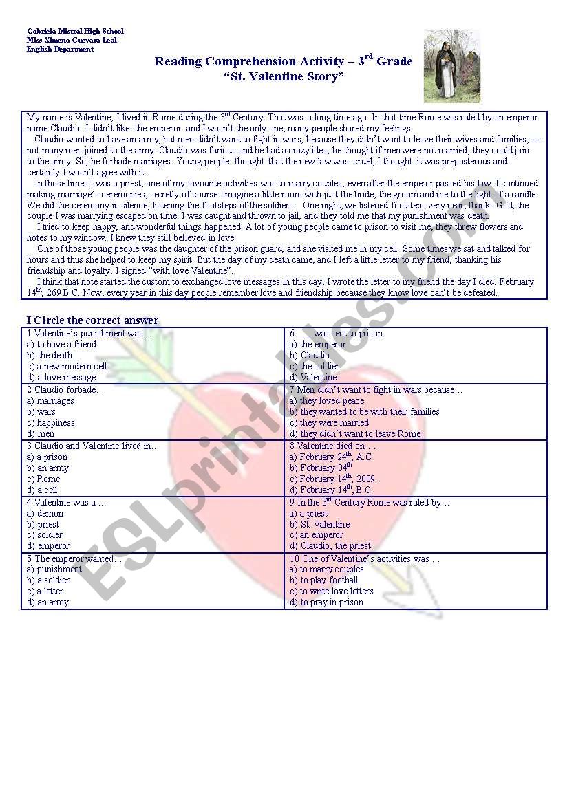 St. Valentine Story worksheet