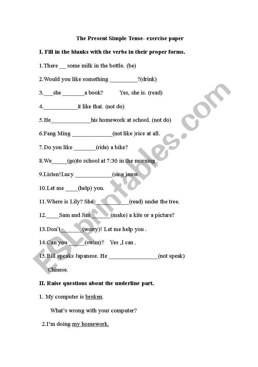 Present simple tense-exercise paper