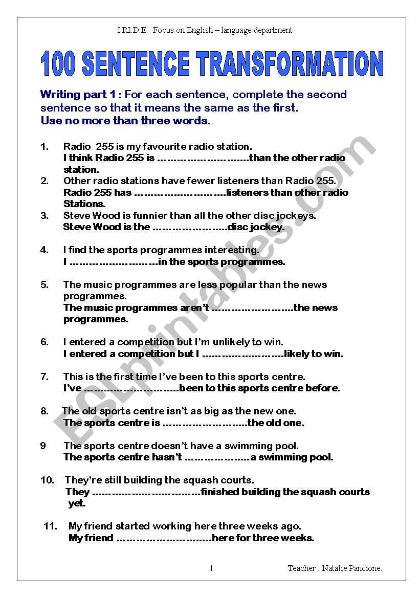 Sentence Transformation Printable Worksheets