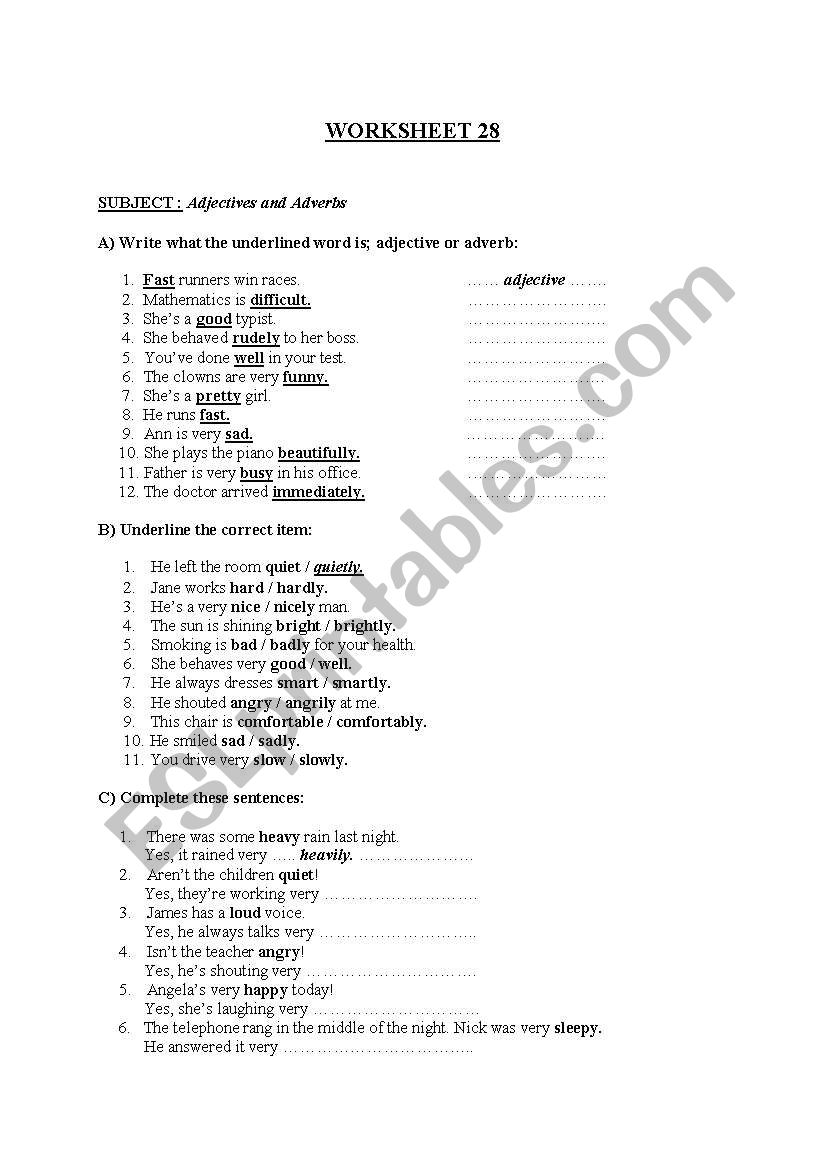 Adjective or Adverb worksheet