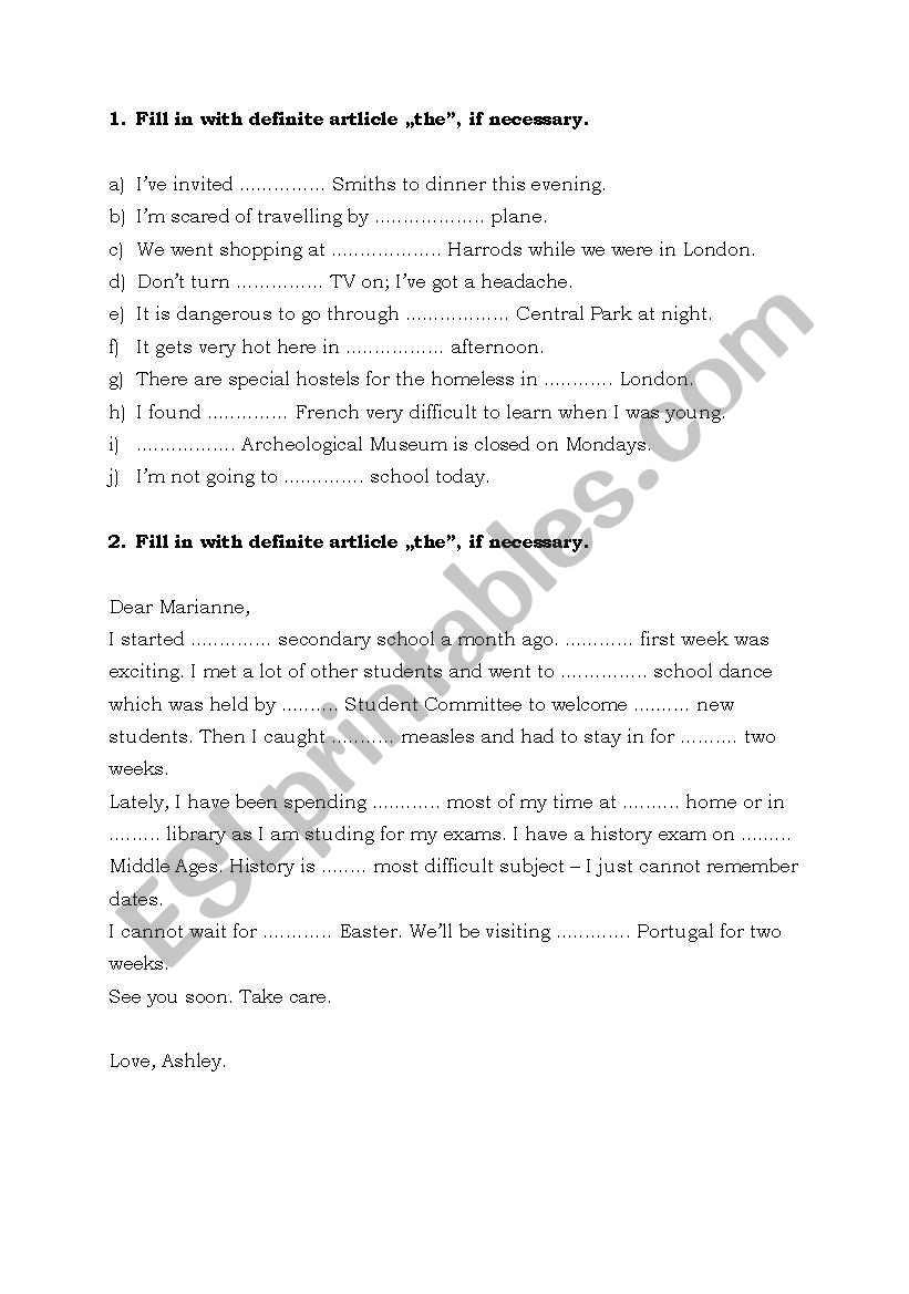 Definite article worksheet