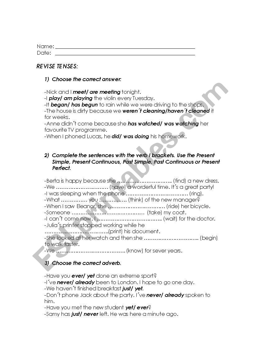 REVISING VERB TENSES worksheet