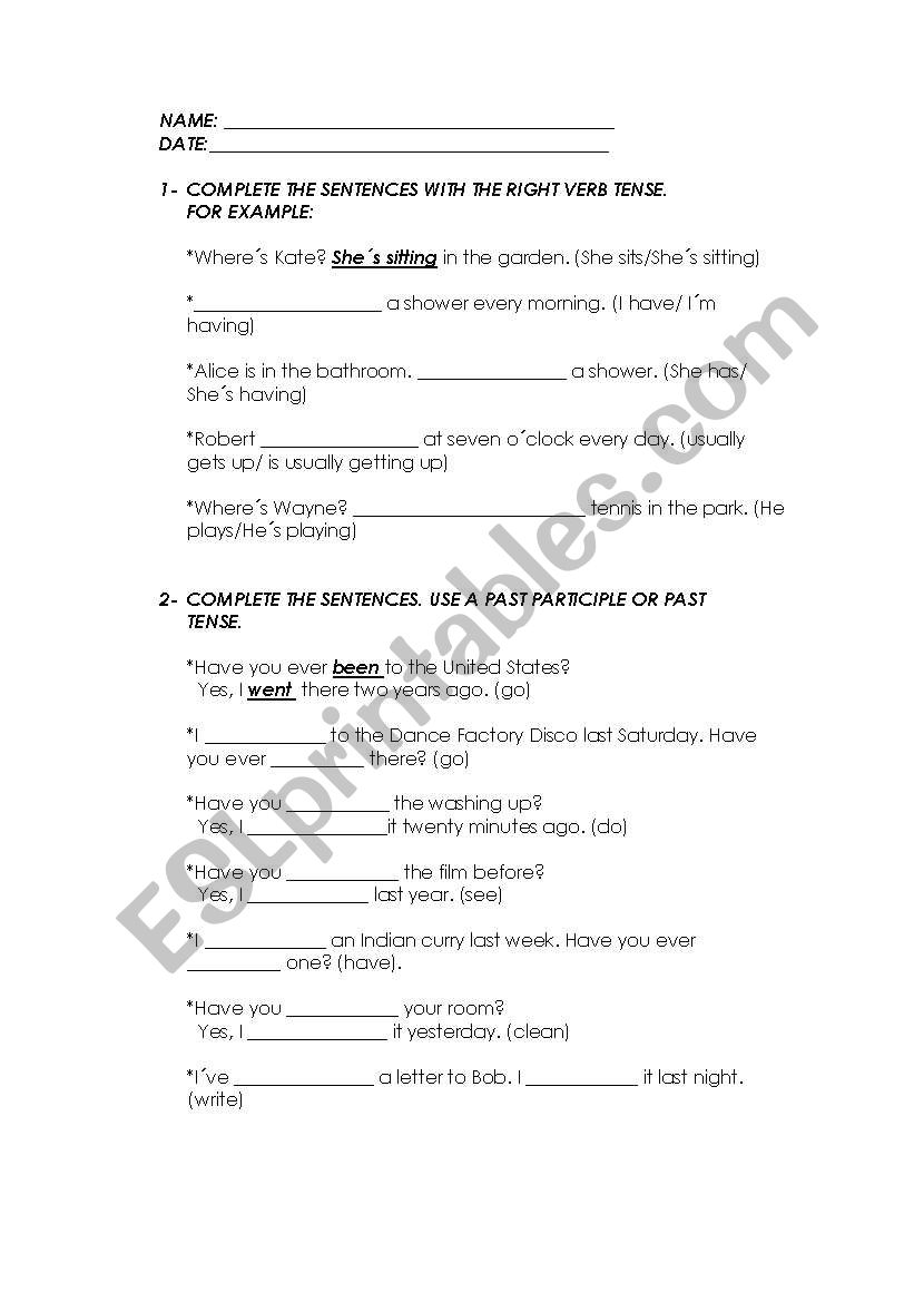 TEST (VERB TENSES) worksheet