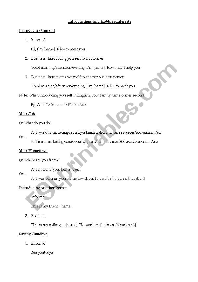 Introductions and Hobbies worksheet