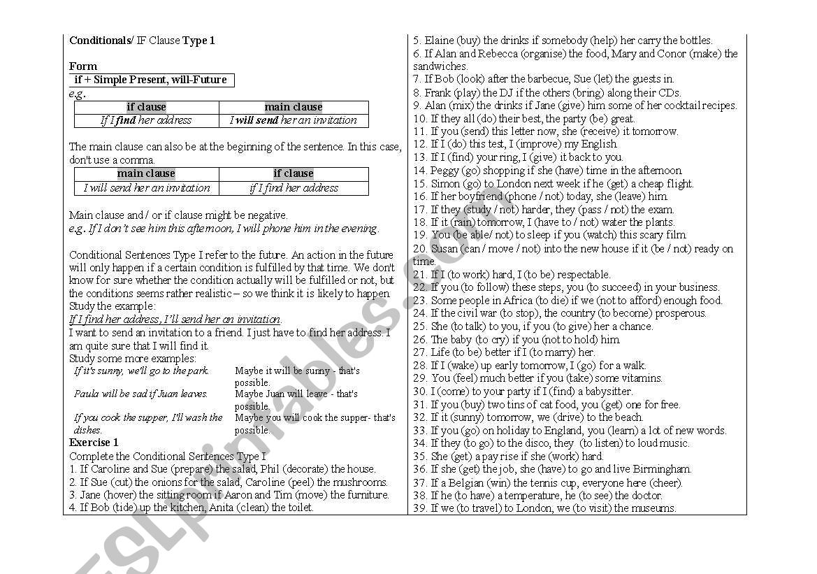 Conditionals Type 1 Information/ Exercises