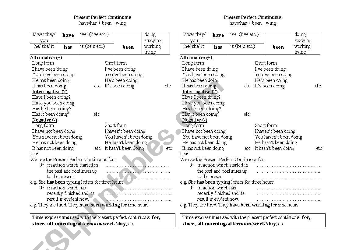 Present Perfect Continuous worksheet
