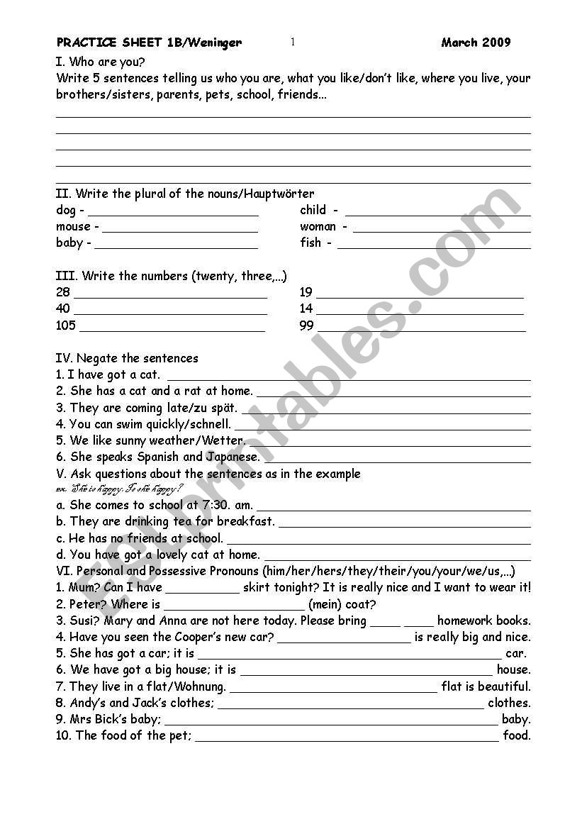 Mixed grammar worksheet