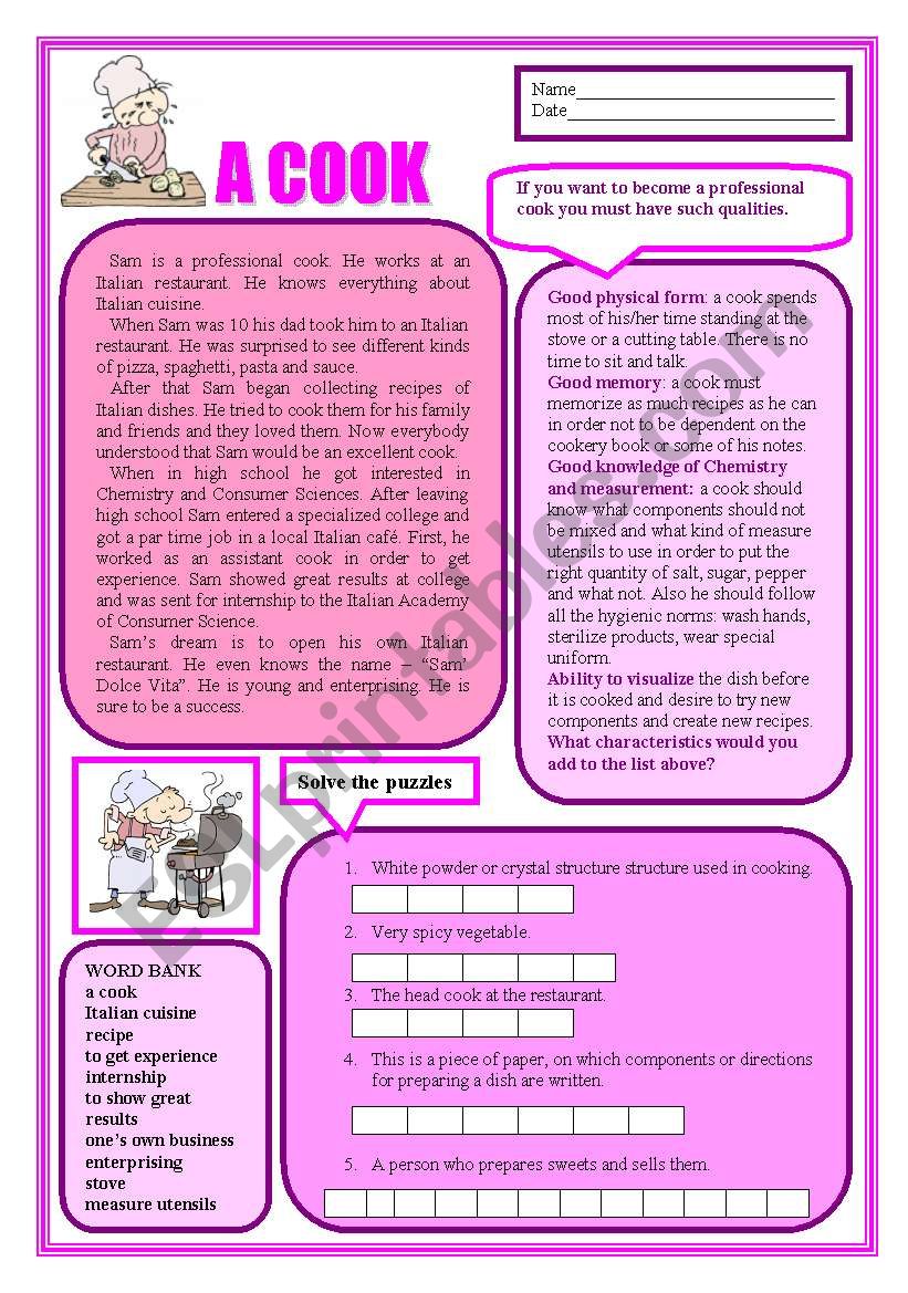 A Cook worksheet