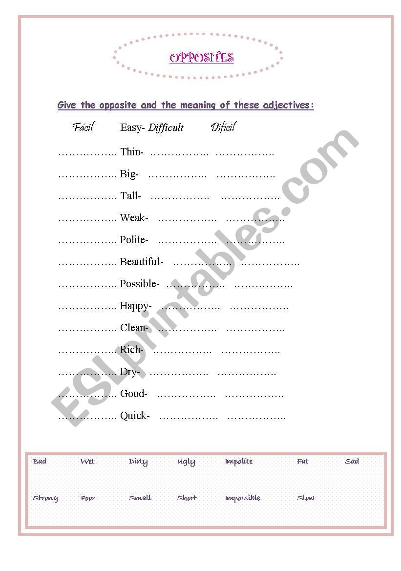 OPPOSITE ADJETIVES worksheet