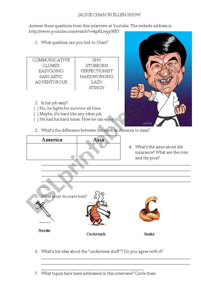 Jacki Chan in Ellen Show worksheet