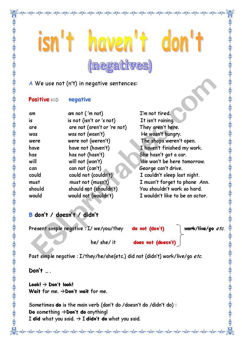 negatives worksheet