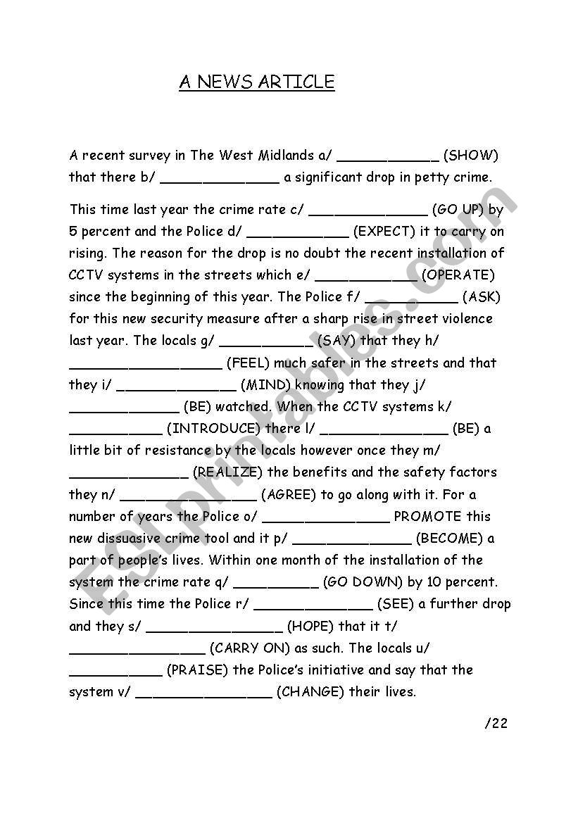 Gap fill mixture of tenses worksheet