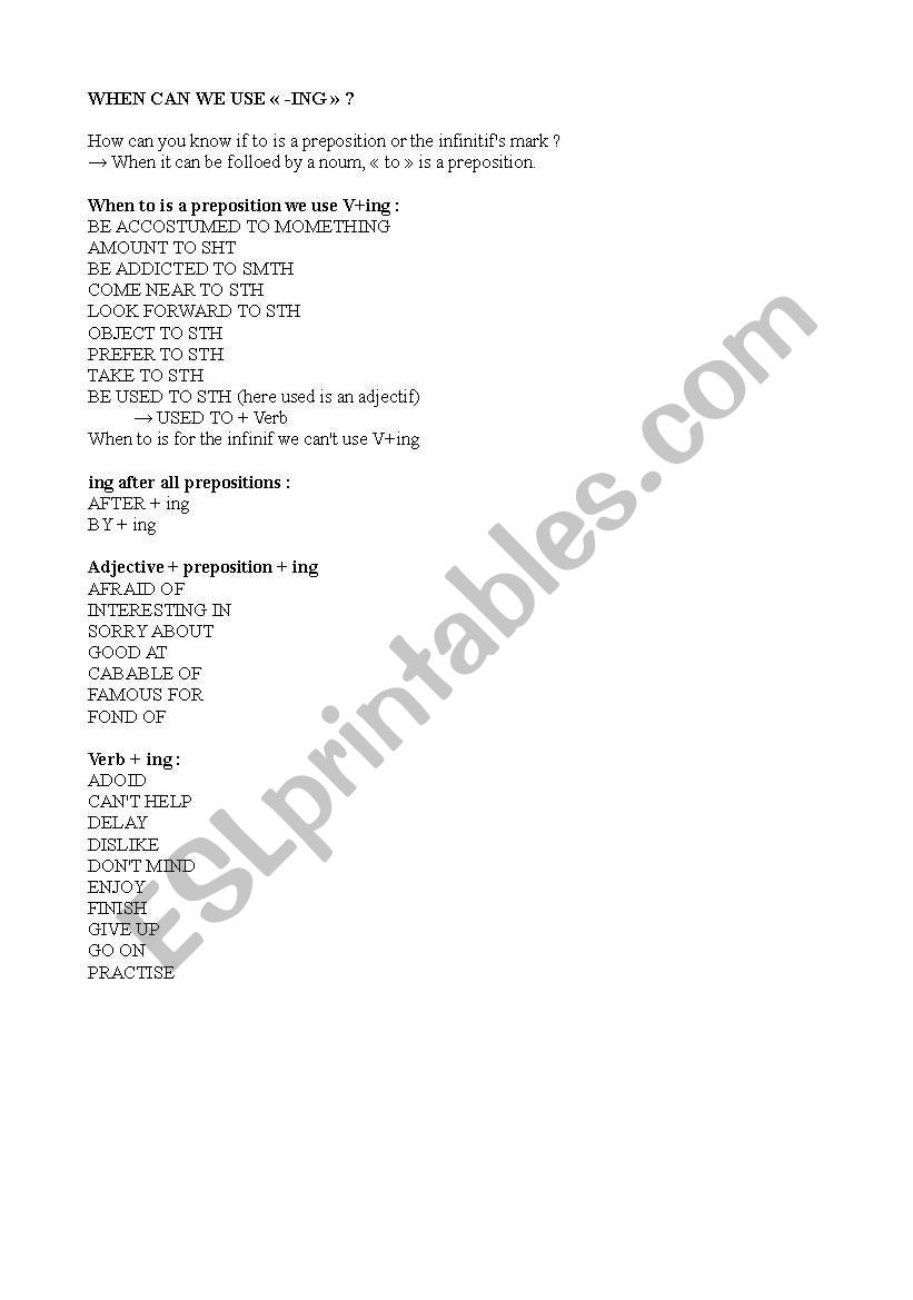 When do you to use -ing ?  worksheet