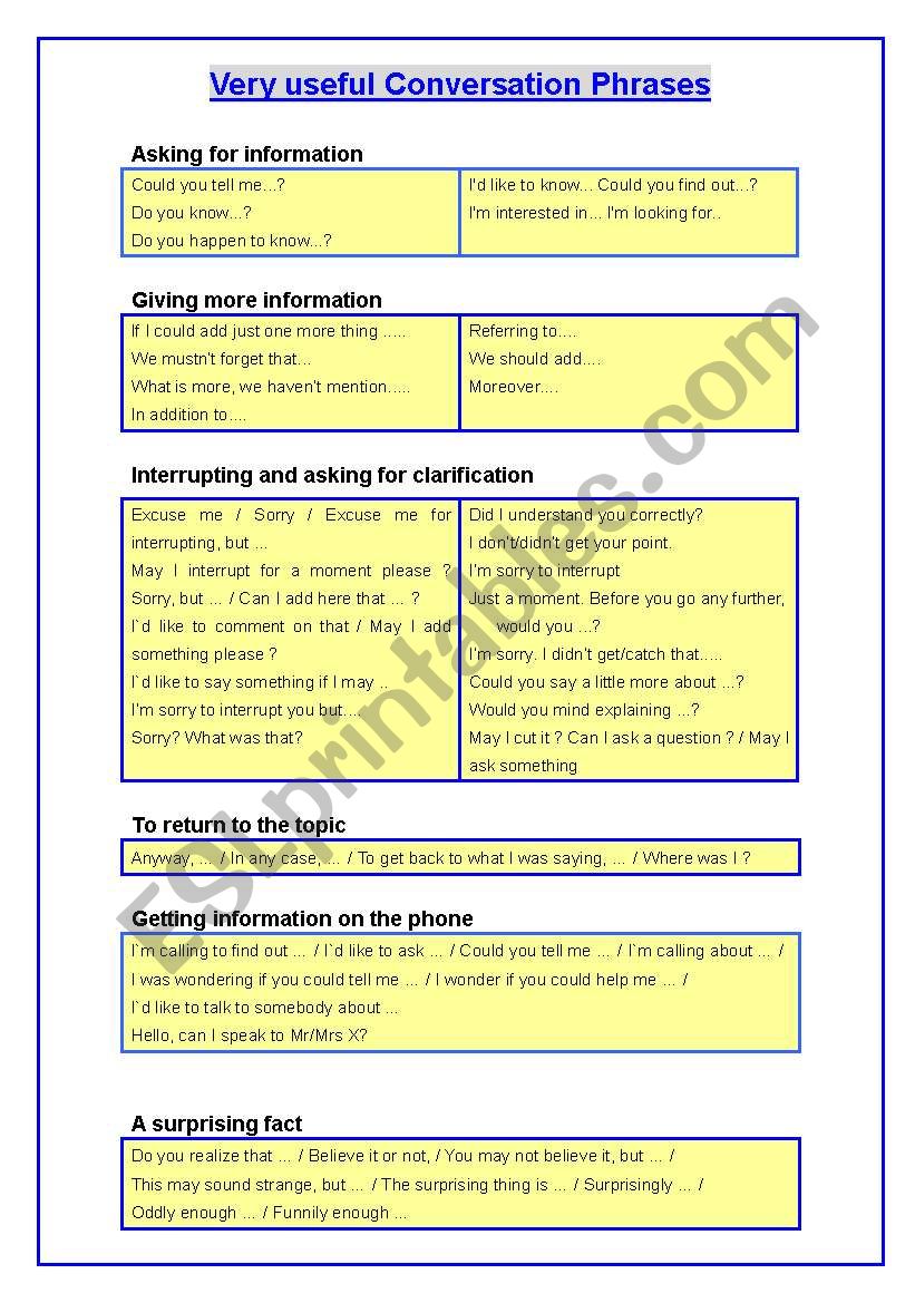 Useful conversation phrases worksheet