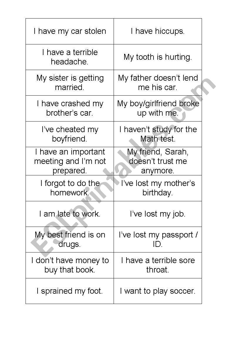 Suggestions card worksheet