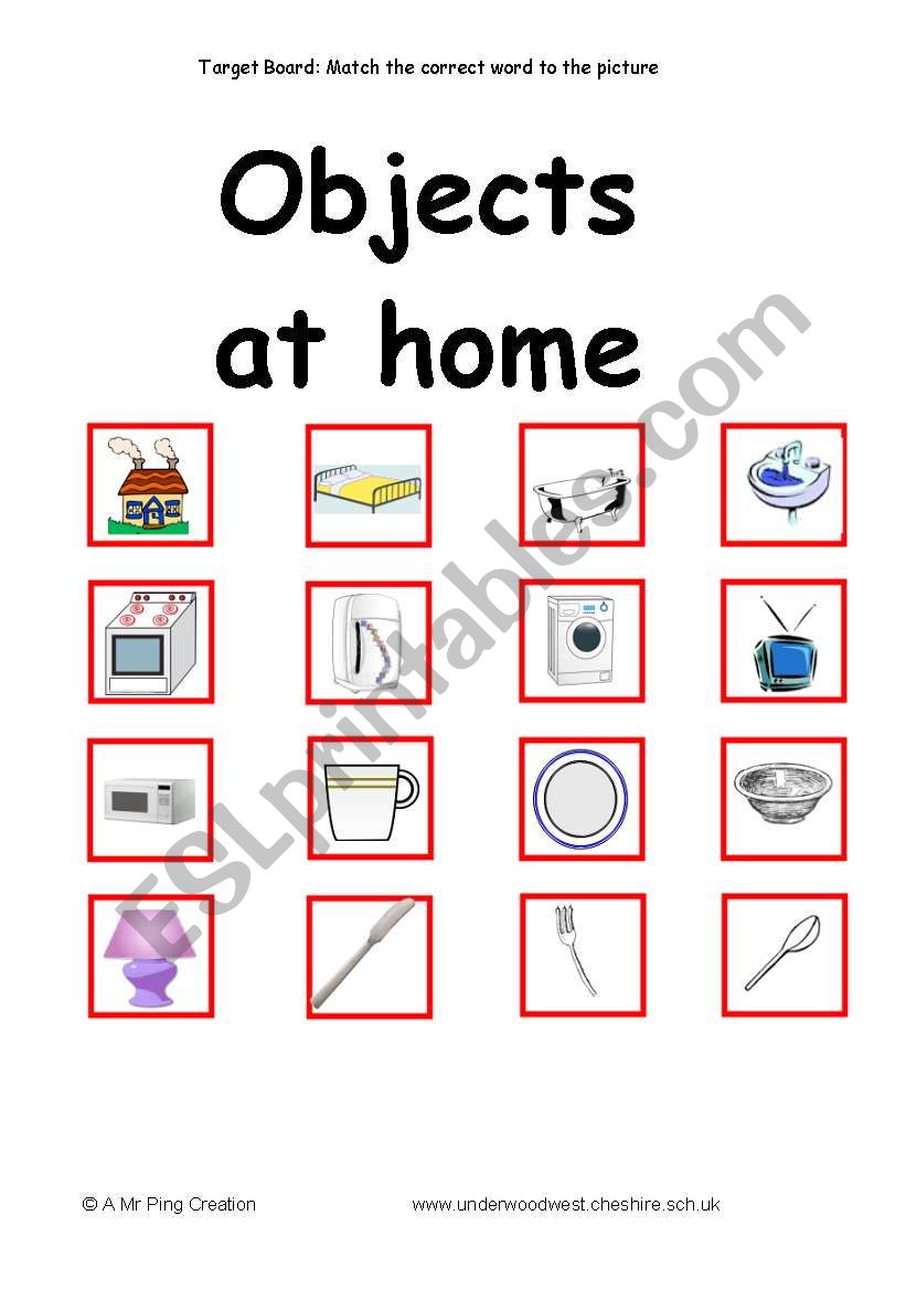 Objects at home vocabulary target board activity