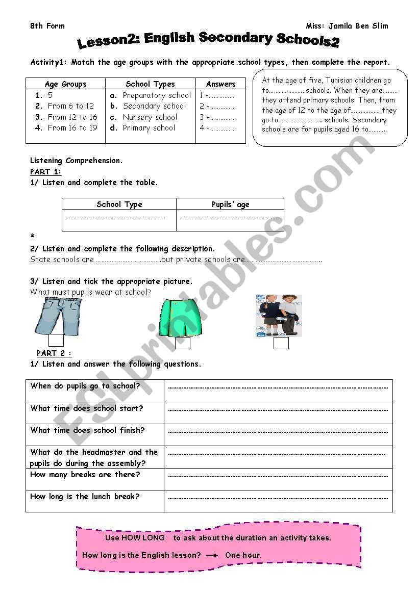 english secondary schools worksheet