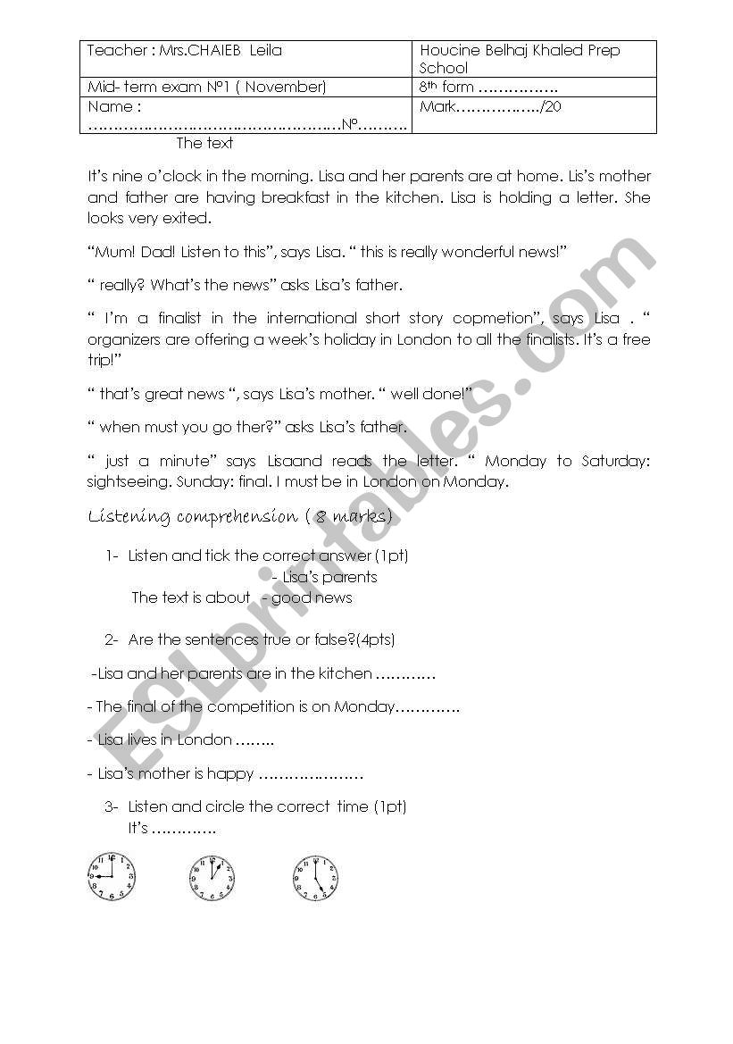 mid term exam N1 (8th form) worksheet